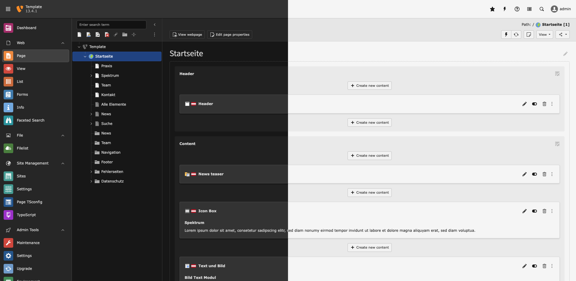 Screenshot des Typo3 Backends in der Mitte geteilt, mit Light- und Darkmode