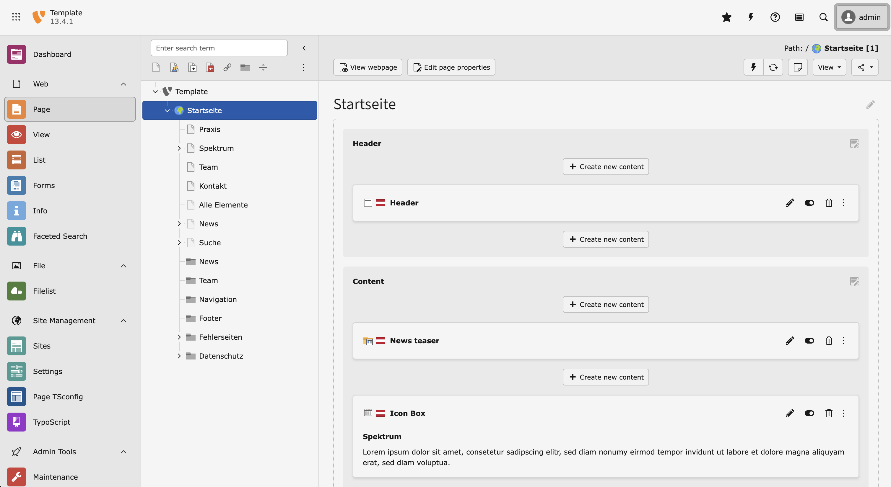 Screenshot des Typo3 Wartung-Interfaces